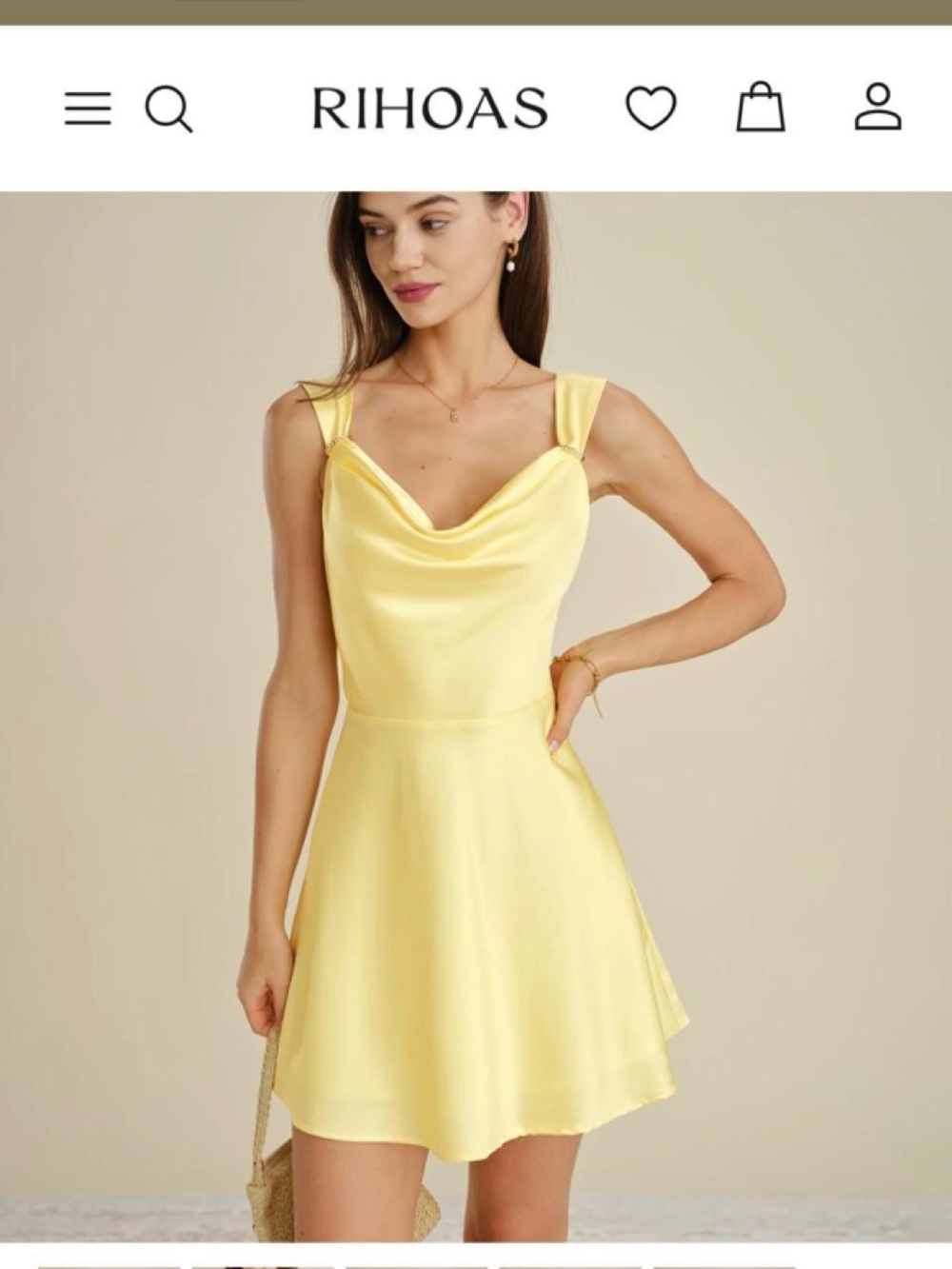 RIHOAS Pale Yellow Satin Cowl Neck Mini Dress